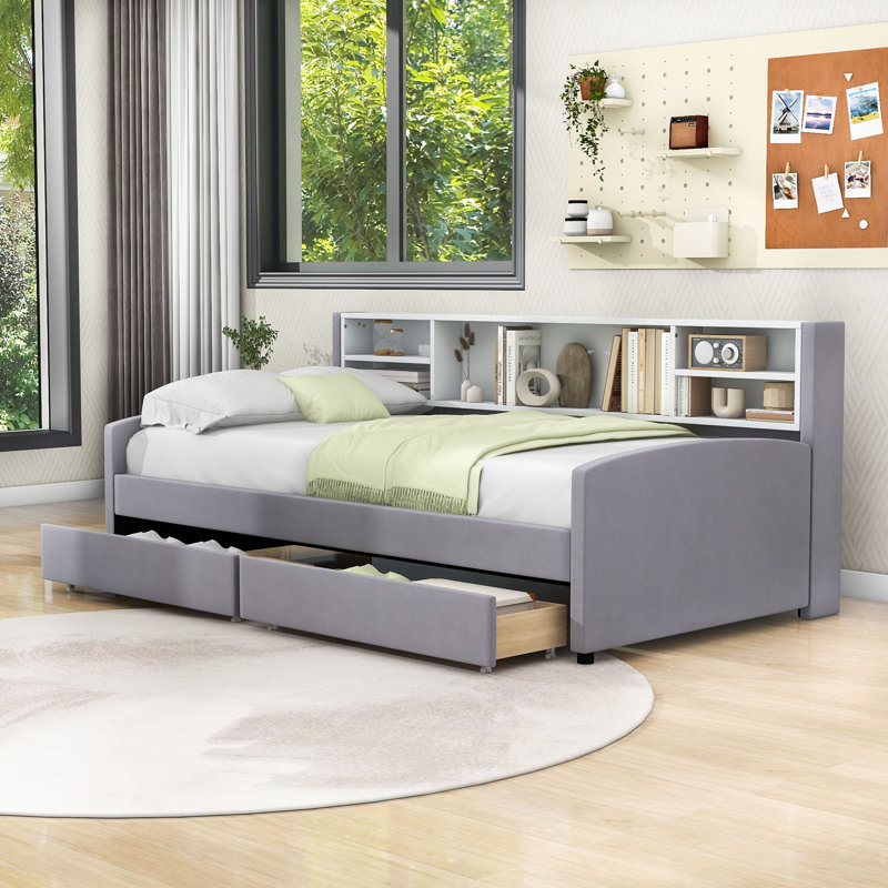 Twin Upholstered Daybed with Shelves and 2 Drawers, Gray