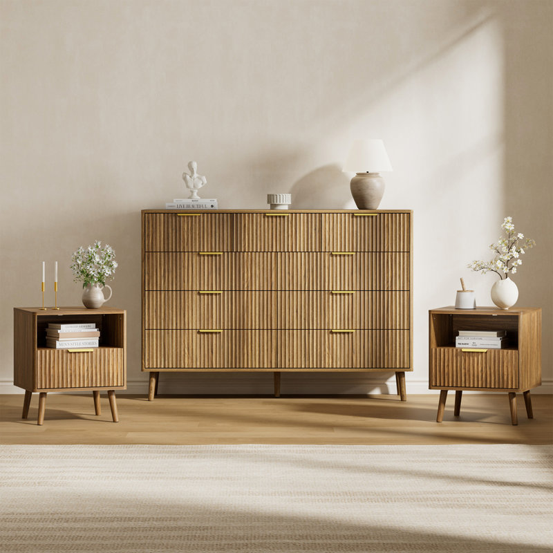 Ensemble de chambre à coucher 3 pièces (1 commode + 2 tables de chevet) (ensemble de 3), Noyer