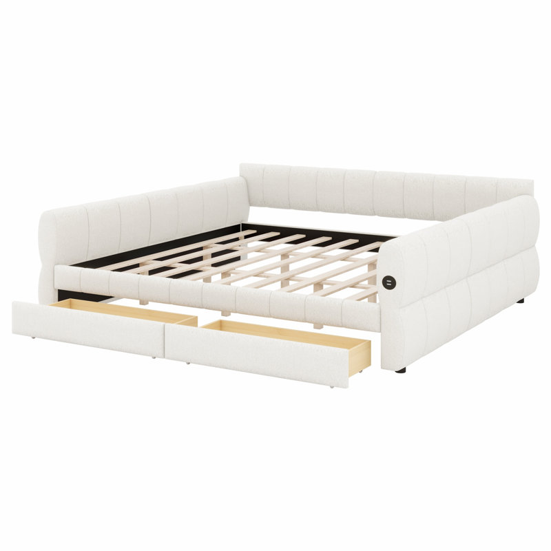 Modern Upholstered Platform Bed Frame Featuring USB Ports and 2 Storage Drawers, White