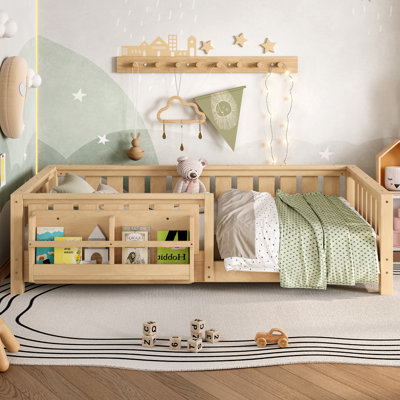 Twin bed with built-in bookshelf and high-quality safety guardrail,Light Natural