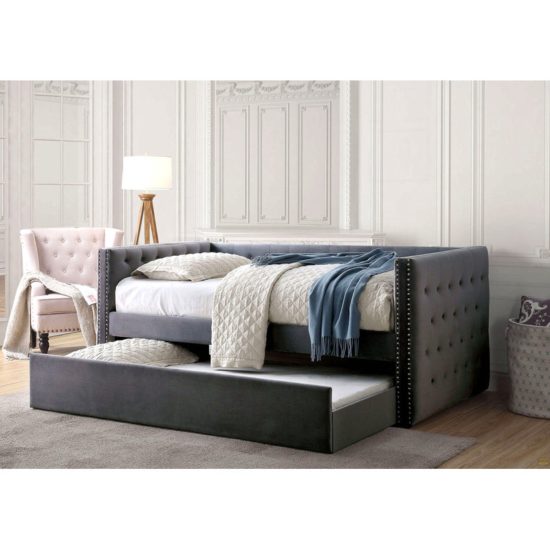 Daybed With Trundle Nailhead Trim Padded Button Tufted Upholstery Tuxedo Design Slat Kit Included