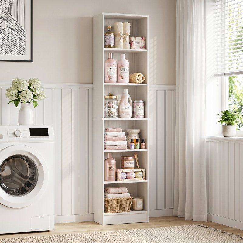 Grande armoire de rangement ouverte à 6 niveaux avec étagère à linge étroite pour salle de bain avec tablettes, White
