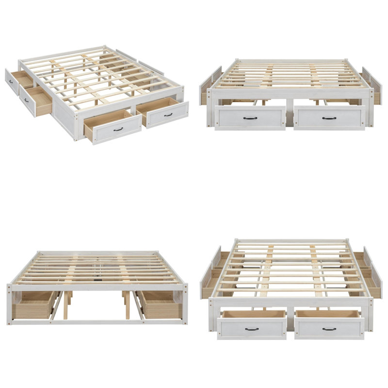 Grand lit plateforme avec 6 tiroirs de rangement, cadre de lit de rangement minimaliste, conception sans tête de lit, fabrication en panneau de fibres à densité moyenne et panneau de fibres à densité moyenne, aucun sommier nécessaire