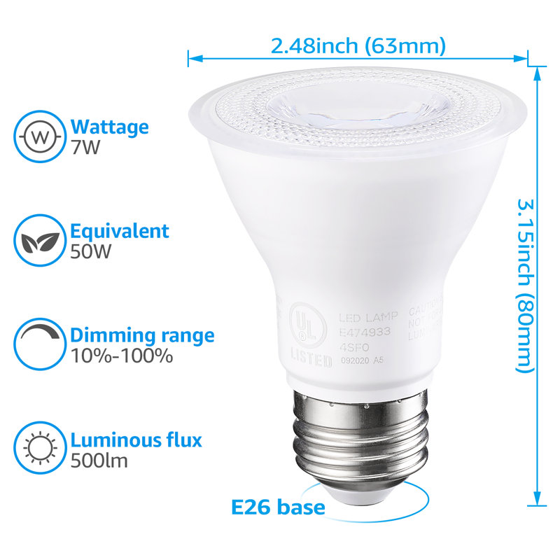 7 watts (50 watts équivalents), DEL PAR20, ampoule à intensité variable, culot E26 / moyen (standard), 5000 K