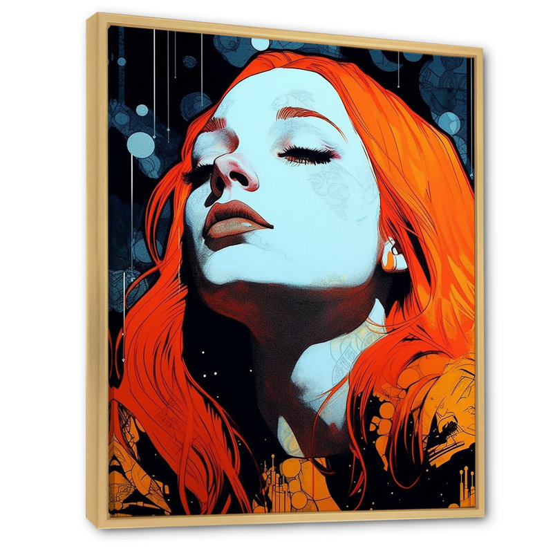 Illustration rétro d'une belle rousse rêveuse, H 20 po x l 12 po x P 1 po, Cadre naturel flottant