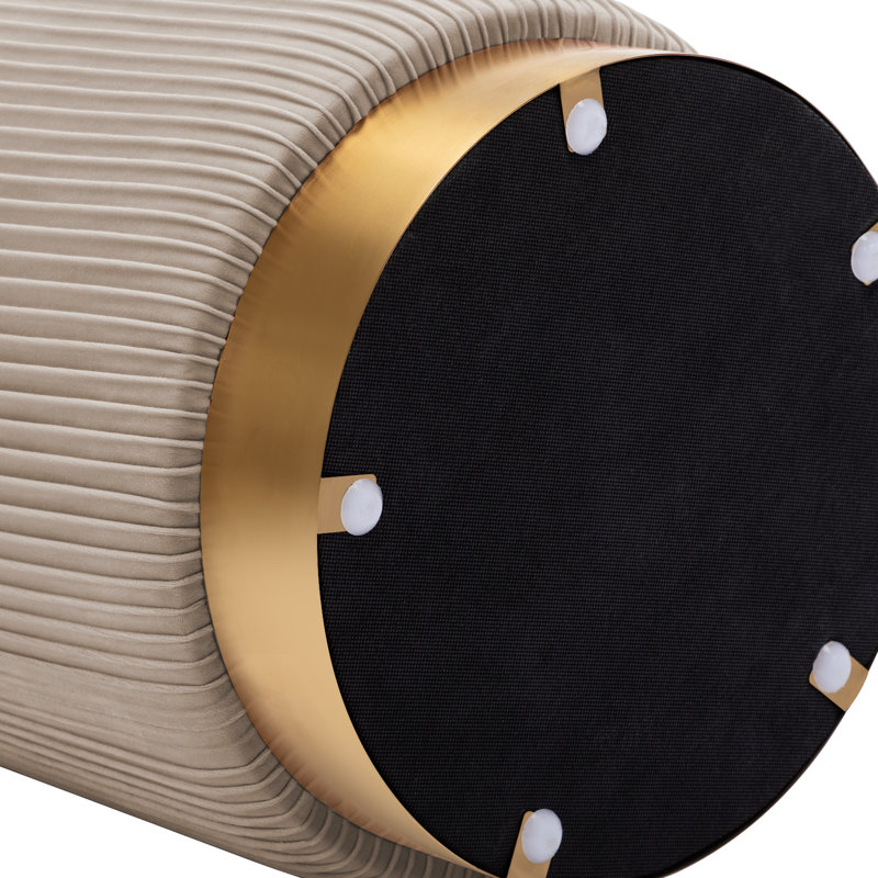 Ceilia 15.5" Wide Pleated Velvet Round Ottoman with Gold Base for Bedroom or Vanity, Khaki Velvet