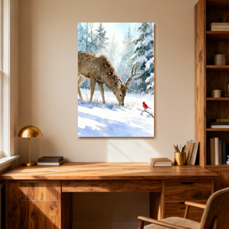 Animals Winter Deer And Red Bird Scene