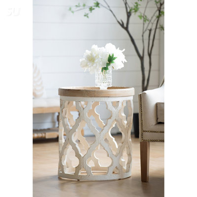 Vintage Distressed White Side Table, 19.7X19.7X23 Inches, Durable Fir Wood Construction For Elegant Home Decor