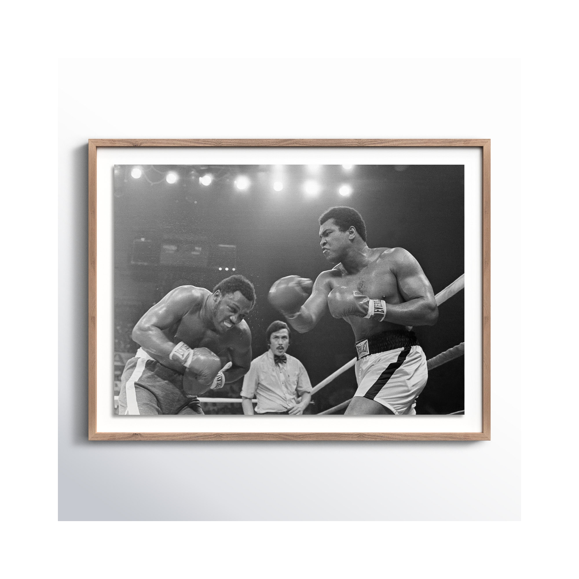 Muhammad Ali Punching Joe Frazier by Getty Images, Rustic Walnut Framed, 36" H x 48" W