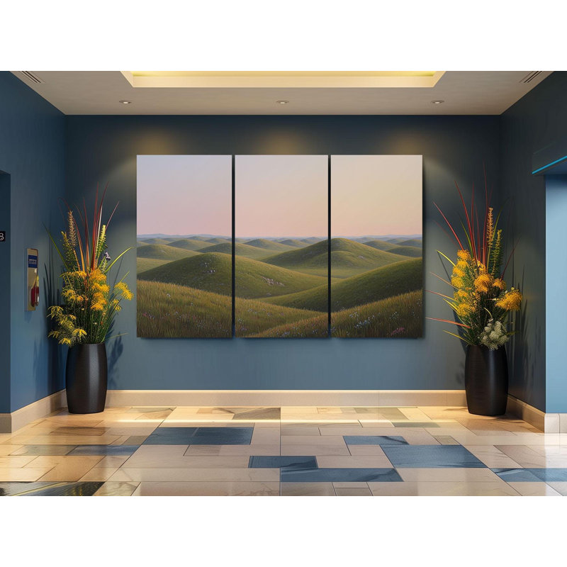 Reproduction d'art sur toile, "Serene Rolling Hills Triptych" - paysage vert paisible, art inspiré de la nature moderne, reproduction d'art