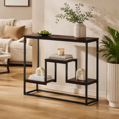 Table d'appoint, console, vestibule, étroit, canapé, salon, chambre à coucher, stratifié brun, métal noir, contemporain, moderne
