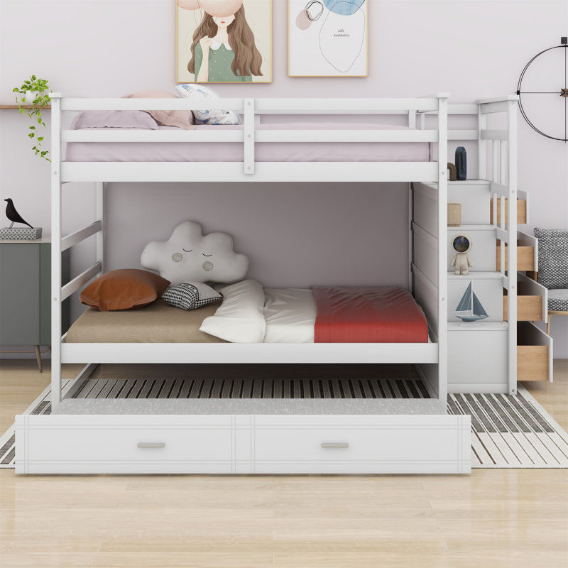Bunk Bed with Trundle and Staircase, White
