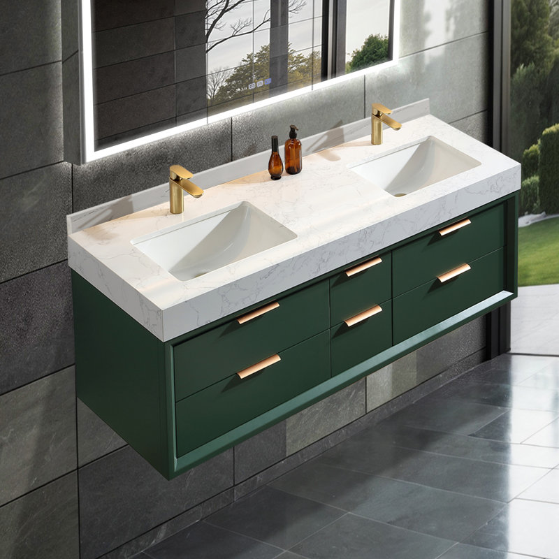 Solid wood 60'' Modern Wall Mounted Double Bathroom Vanity with Engineered Stone Top and Light, Green