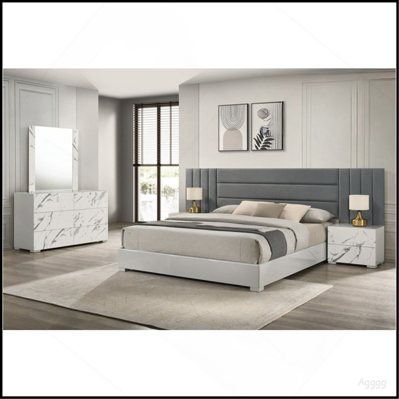 Table de chevet moderne laquée blanc / gris avec stratifié marbre