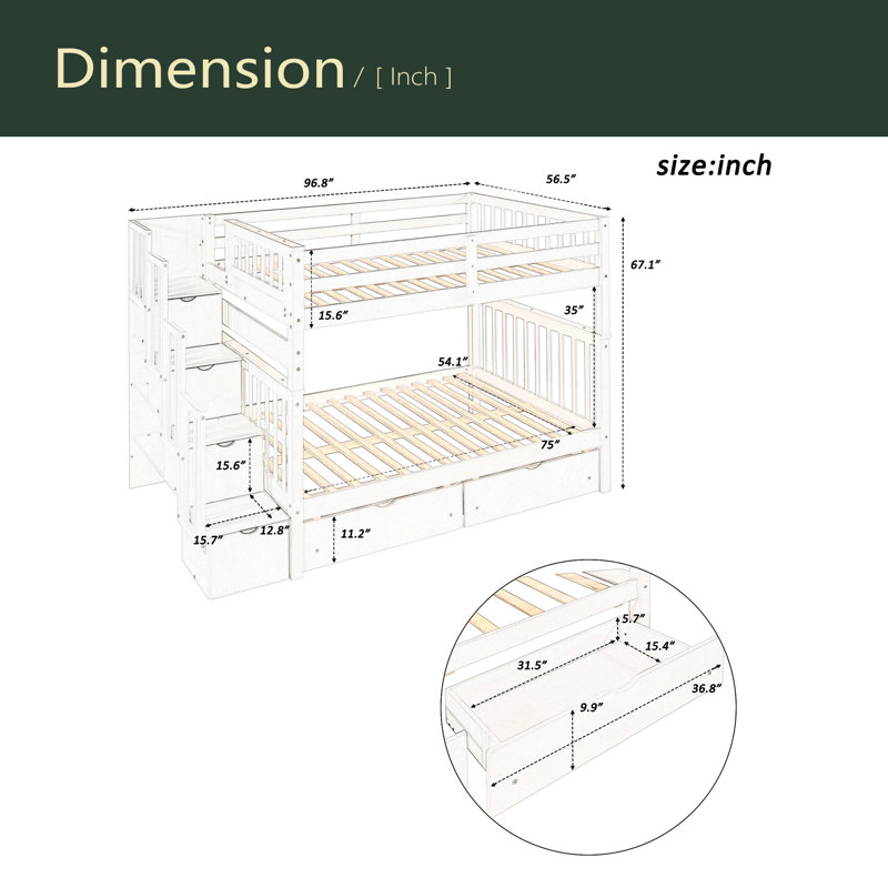 Full Over Full Bunk Bed With Shelves And 6 Storage Drawers, White