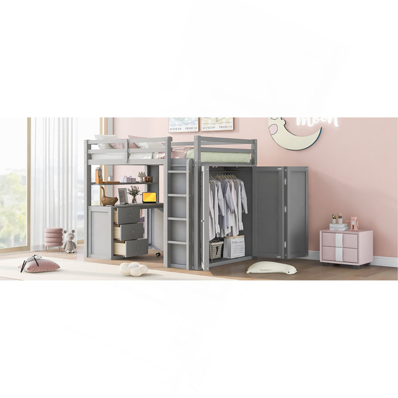 Lit mezzanine double avec tiroirs, bureau et garde-robe gris