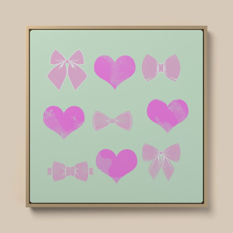 Bows and Hearts par CAD Designs - Impression sur toile, 24 po x 24 po, Cadre plat flottant, Bouleau