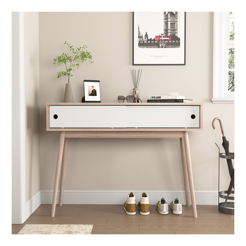 Table d'entrée avec 2 portes coulissantes blanches, console avec espace de rangement et pieds en bois, table de canapé derrière le canapé pour le couloir, salon, couleur naturelle