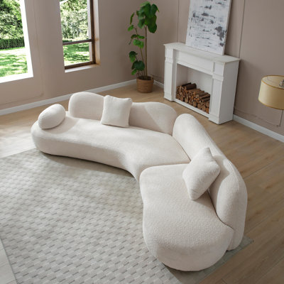 Modern Curved Modular Sofa, Boucle 5-Seater Sofa For Living Room, Bedroom, White Color, Crescent Shape And Butterfly Backrest Make The Whole Space Full Of Curves, 2 Pillows