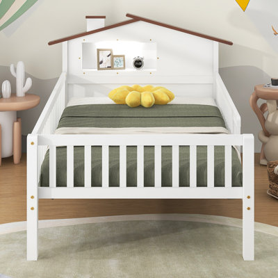 Lit plateforme en bois avec tête de lit en forme de maison, DEL et rangement intégré
