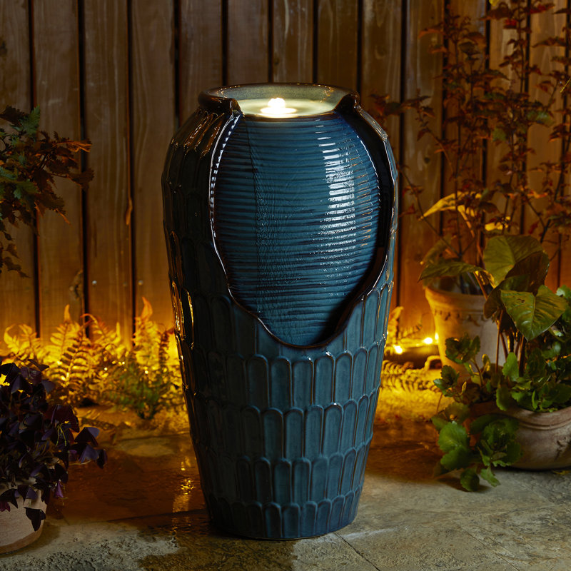 28.25"H Oversized Petals Textured Ceramic Jar Outdoor Floor Fountain With Pump And LED Light (KD), Blue