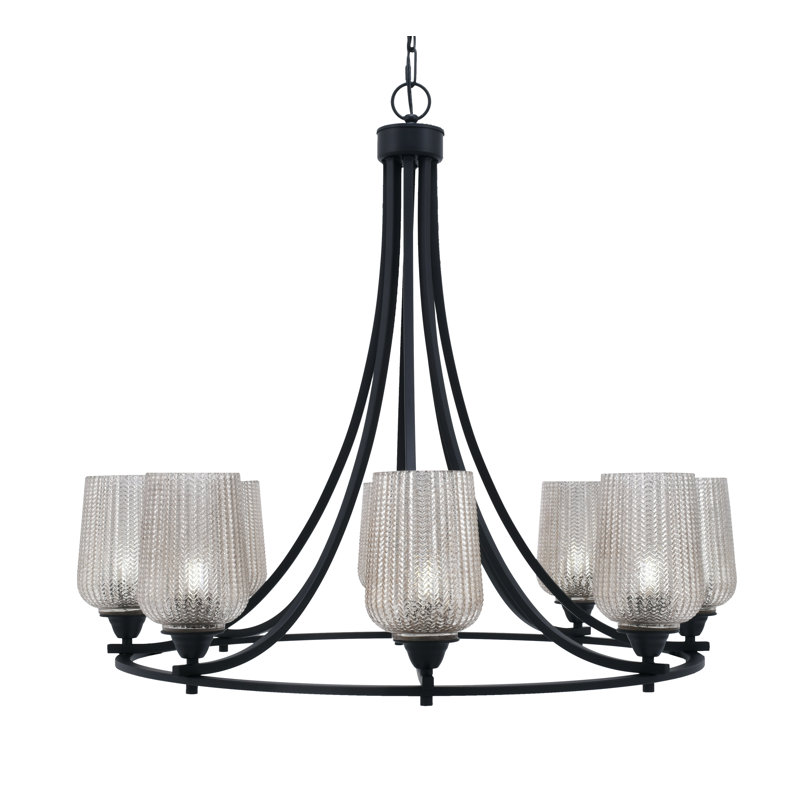 Lustre 8 lumières avec verre texturé transparent Paramount, Transparent, Noir mat