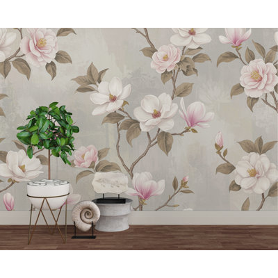 Elegant Magnolia Tree Wall Mural – Hand-Painted Watercolor Blossoms In Blush Pink & White | Romantic Floral Wallpaper  (Peel-N-Stick) 