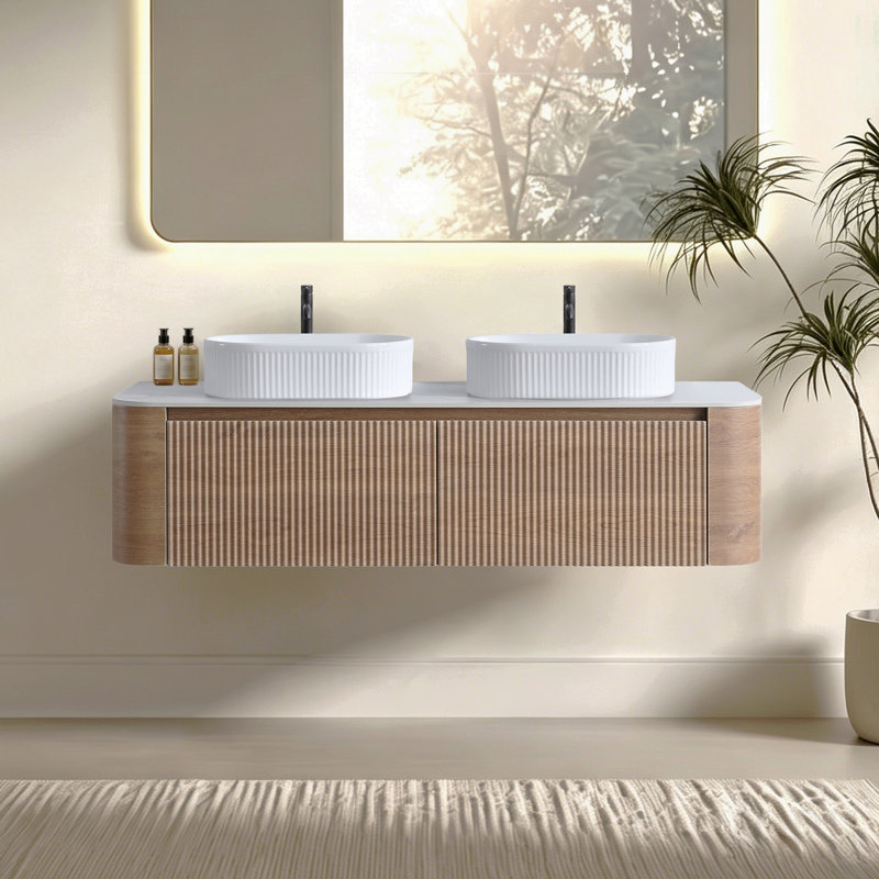 Meuble-lavabo de 60 po avec lavabo, armoire murale en noyer avec porte-serviettes gratuit, conception de deux lavabos en céramique à rayures ovales blanches, sans drain ni robinet, pré-assemblé