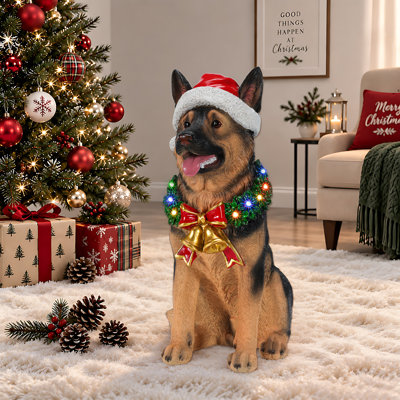 Statue de chien berger allemand 20,87 "avec lumières DEL et chapeau de père Noël, décoration de Noël en résine