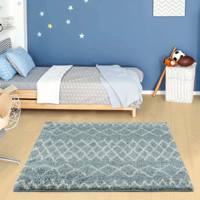 Moroccan Shaggy Collection Rugs Moroccan Design in Duck Egg Blue/Ivory