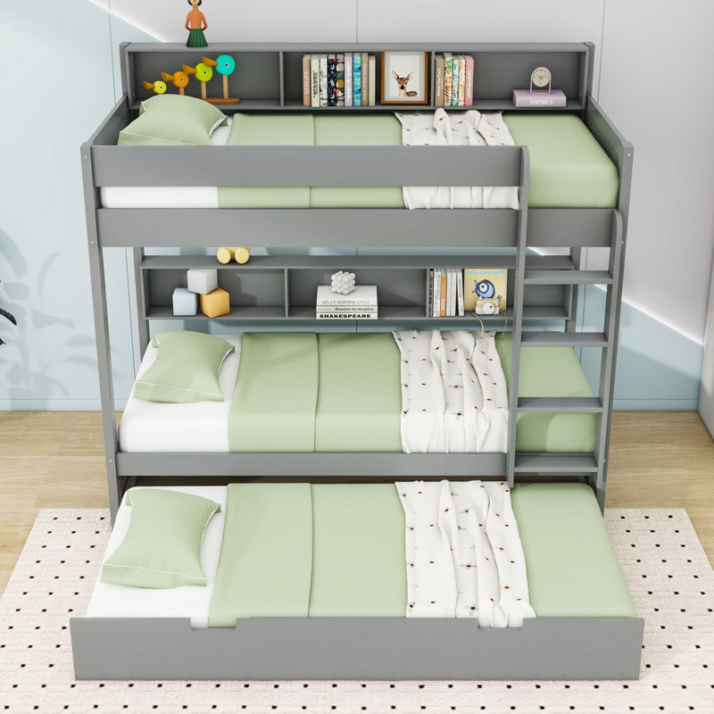 Lit superposé en bois avec lit gigogne simple et tablettes, Simple sur simple, Gris