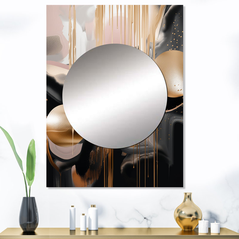 Or et marbre noir Expression II - miroir décoratif en marbre, grand miroir mural doré, impression d'art en métal