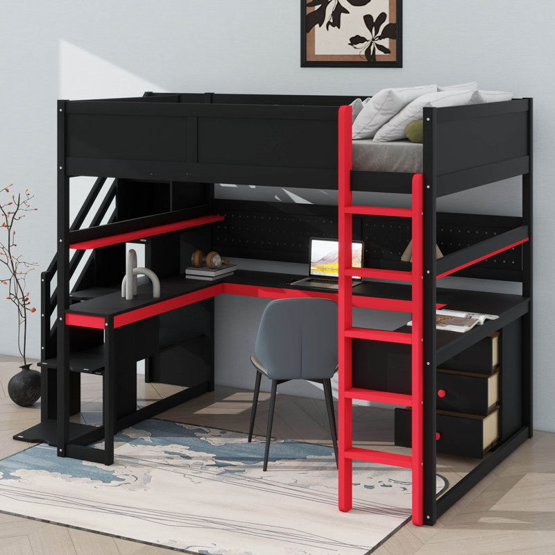 Full-Sized Wooden Loft Bed For Gaming With Stairs For Storage, Integrated Desk, Shelves & Pegboard, Red, Full