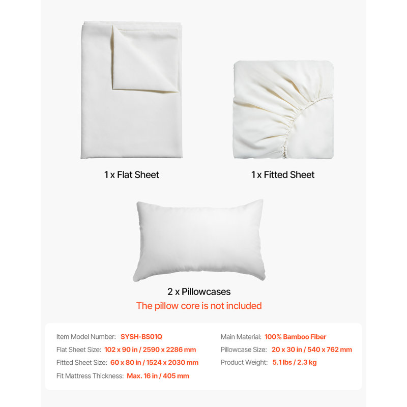 4-Piece Queen Bed Sheet Set 100% Rayon From Bamboo Fibre Bedding Set with 16" Deep Pocket