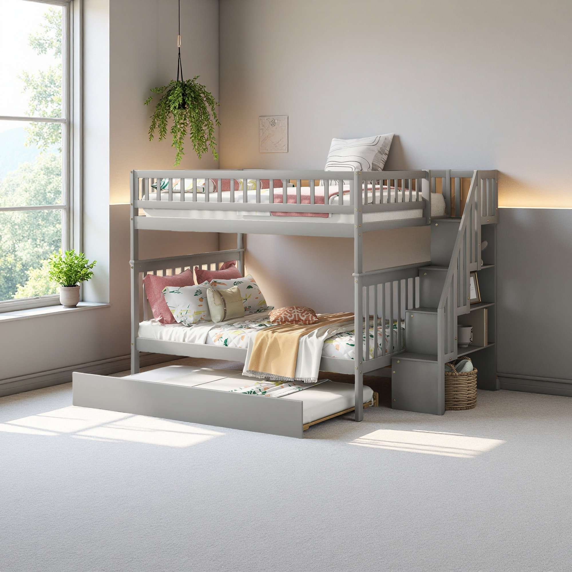 Harriet Bee Full Over Full Bunk Bed With Trundle And Staircase | Wayfair