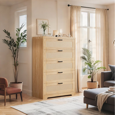 Tall 5 Drawer Wood Dresser with Outlets, Metal Handles, Storage Organizer for Bedroom