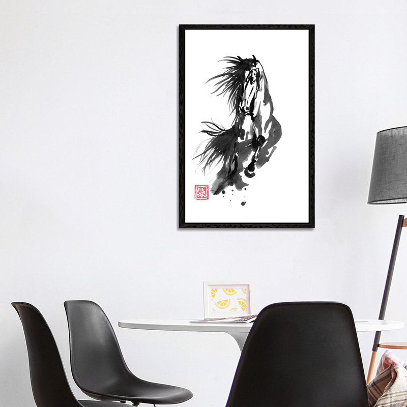 Running Horse by Péchane - Painting on Canvas, 101.6 cm H x 66.04 cm W, Black Framed