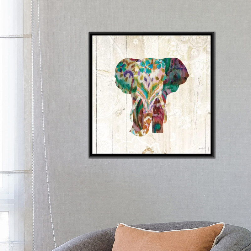 «Boho Paisley Elephant III», impression sur toile, H 18 po x l 18 po x P 1,5 po, Pas de tapis, Toile avec cadre noir