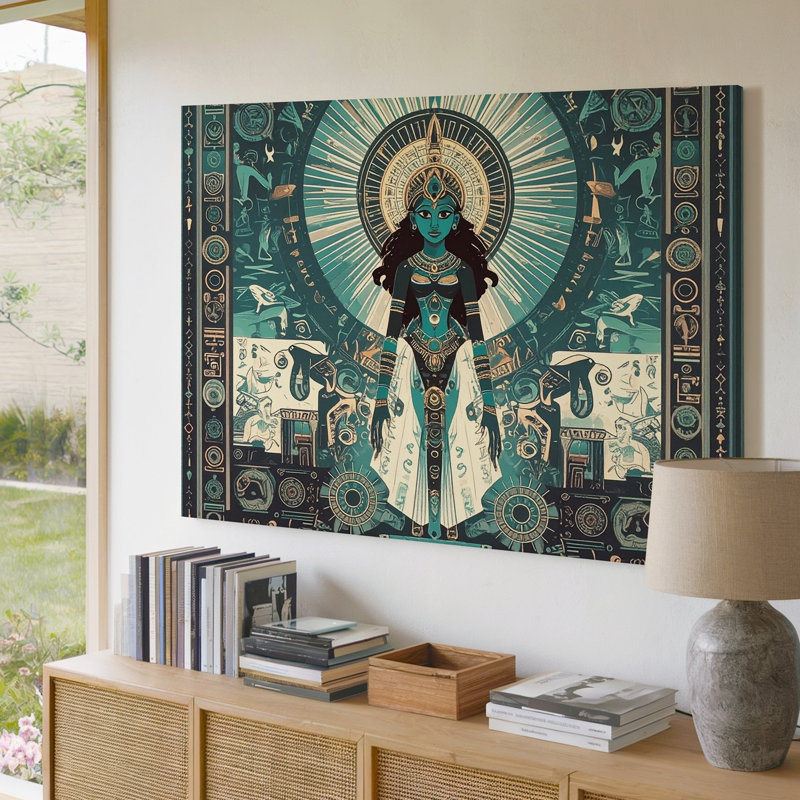 Toile, art mural, sarcelle, mandala, déesse, symbolisme égyptien moderne, H 16 po x l 20 po