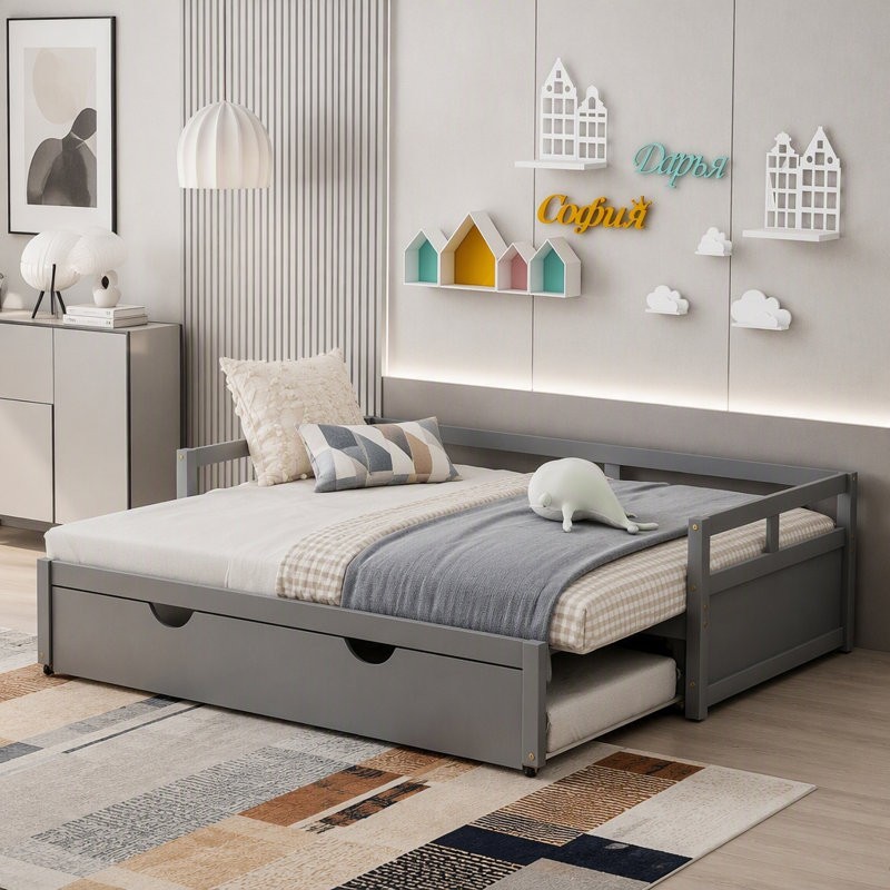 Lit de jour extensible avec couchette, lit de jour en bois avec couchette, Gris