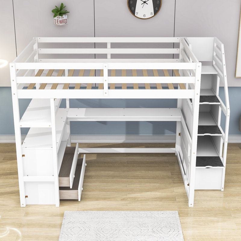 Kids Loft Bed with Drawers, Full, White