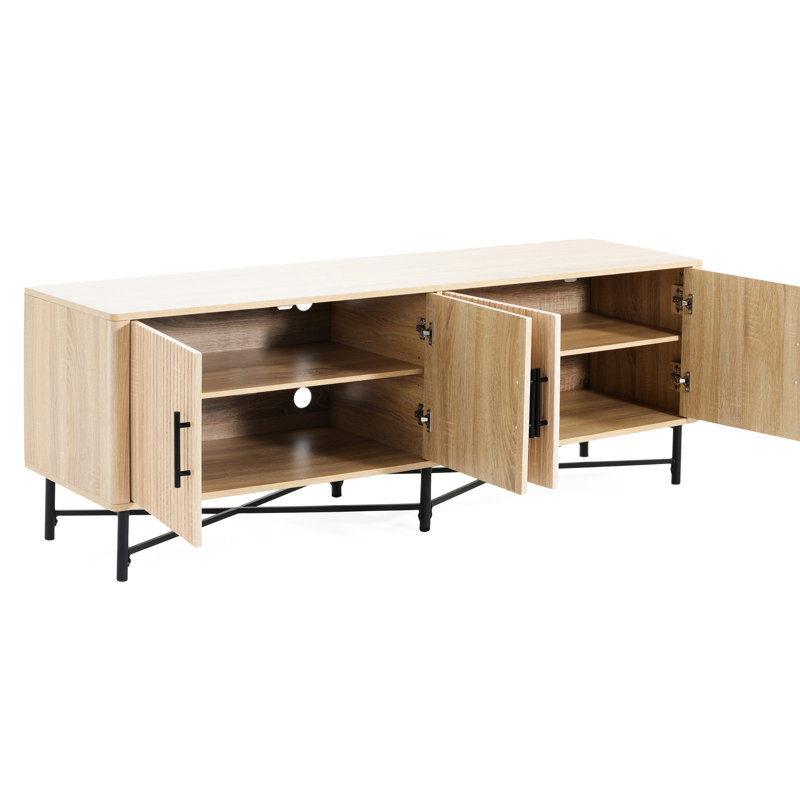 Meuble télé pratique à 4 portes avec réglages de tablette réglables et fonction de gestion des câbles, ton de bois naturel, l 66 po x P 18 po H 23 po, convient aux écrans de 65 po