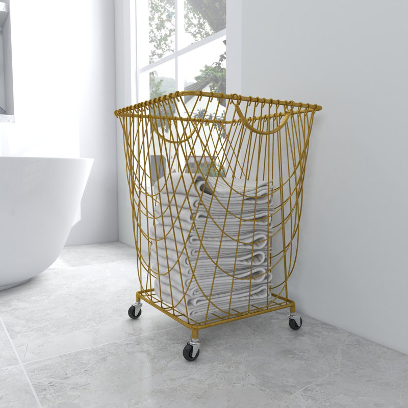 Metal Deep Set Metal Mesh Laundry Basket Storage Cart with Wheels and Handles, Gold, Medium ( 24" H x 16.85" W x 16.55" D)