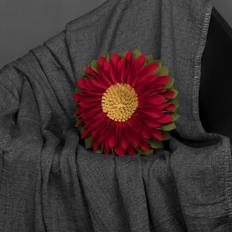  Housse et insert de coussin décoratif en tournesol Appliqued, Vert, rouge, jaune, laine, Carré 14 po