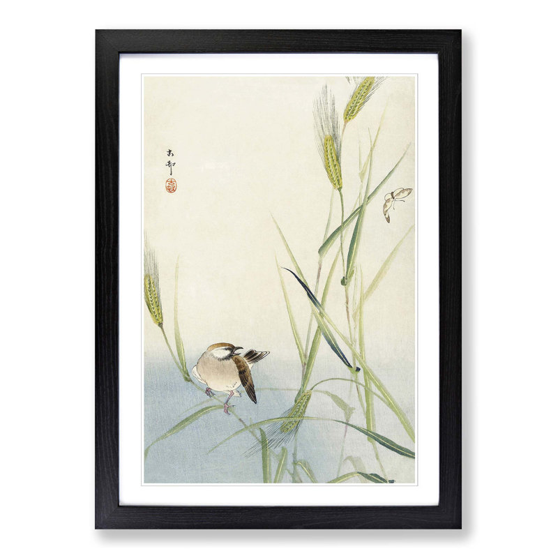 Bird & Butterfly by Ohara Koson - Picture Frame Painting Print, Black Framed, 48cm H x 36cm W x 2cm D