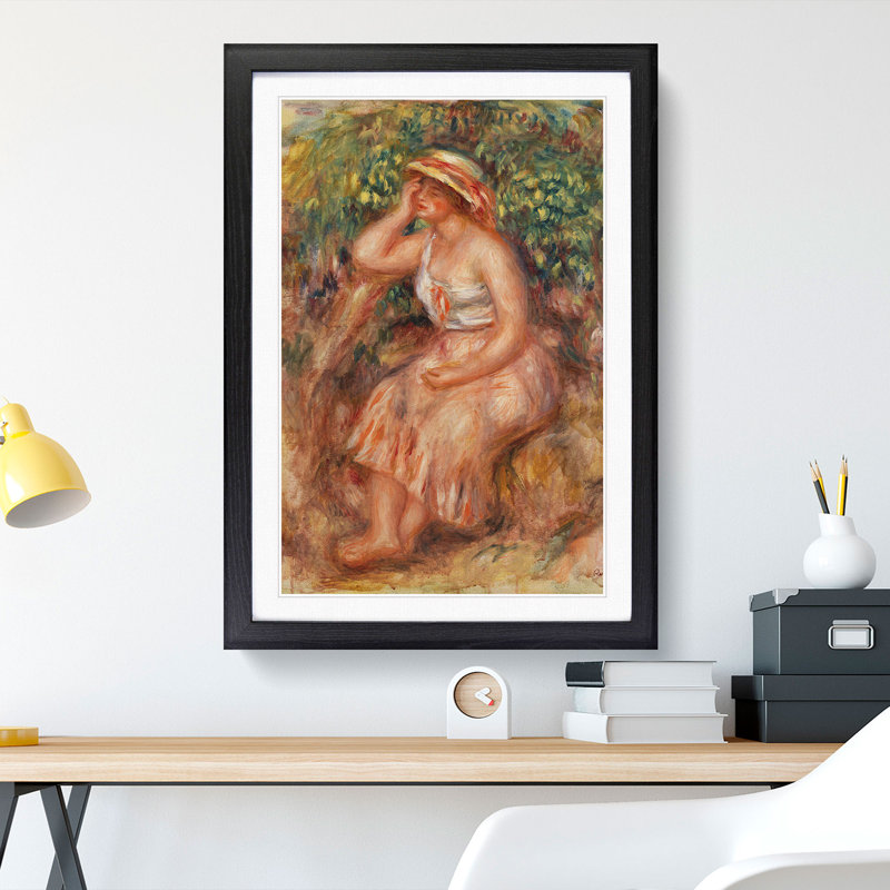 Woman Daydreaming by Pierre-Auguste Renoir - Picture Frame Painting, 90cm H x 65cm W x 2cm D, Black