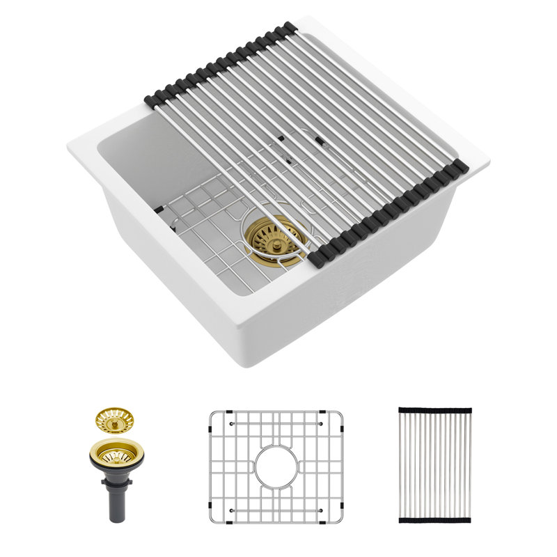 Évier de cuisine en quartz - Évier de cuisine encastré en composite de granit blanc 17,71 po x 15,74 po x 9 po