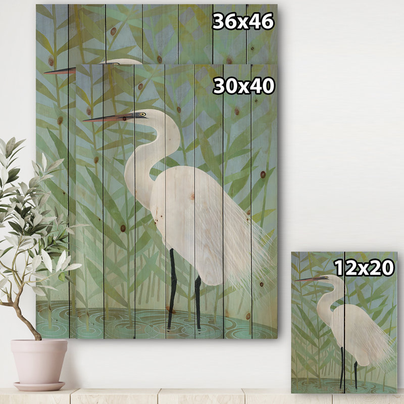 Héron par le rivage II - reproduction de campagne moderne sur bois de pin naturel, H 20 po x l 12 po x P 1po