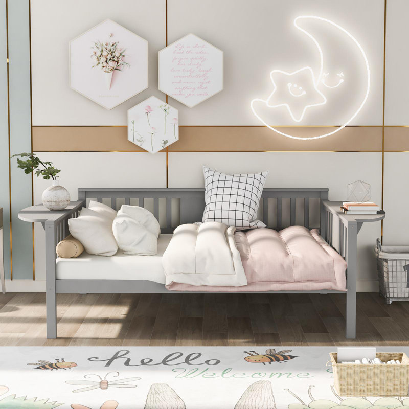 Lit de jour double, support en lattes de bois, gris