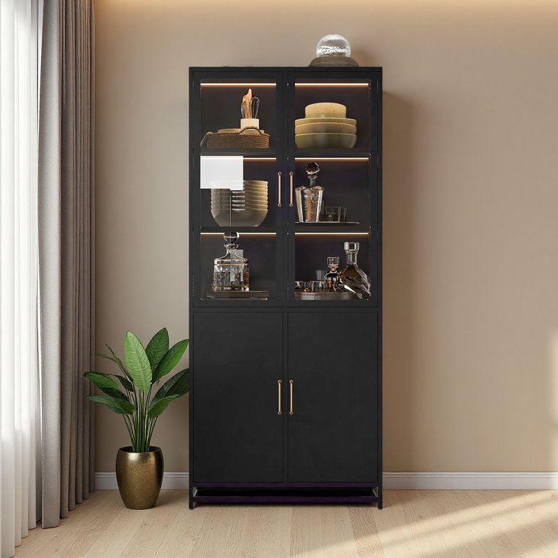 76.75'' Tall Display Cabinet, With Glass Doors And LED Lights, Steel Curio Cabinet With 3-Sided Glass, Pantry Cabinet With Storage For Hallways